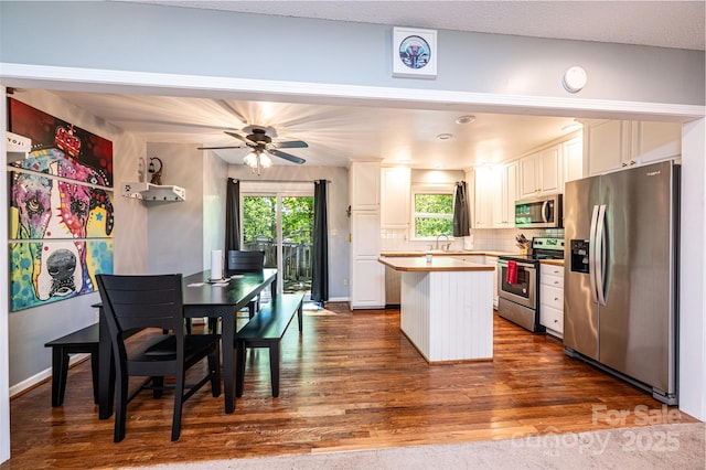 1018 Autumn Ln, Hickory, NC 28602 - kitchen featuring dark wood-style flooring, appliances with stainless steel finishes, a center island, a sink, and white cabinets