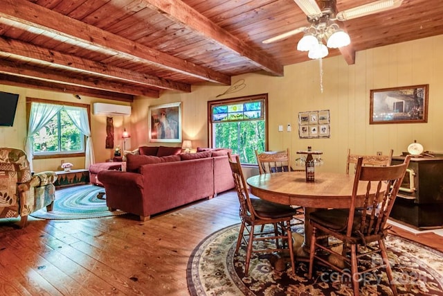 76 Archer Rd, Saluda, NC 28773 - dining area with hardwood / wood-style flooring, wooden ceiling with exposed beams, ceiling fan, a wall mounted air conditioner, and healthy amount of natural light