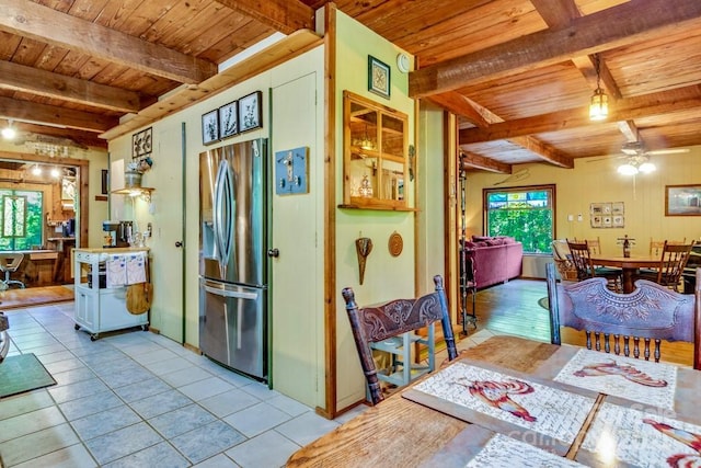 76 Archer Rd, Saluda, NC 28773 - kitchen featuring wood ceiling with exposed beams, stainless steel fridge, a ceiling fan, and light tile patterned floors