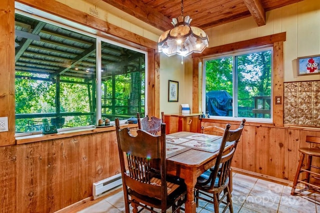 76 Archer Rd, Saluda, NC 28773 - dining room with baseboard heating, wooden ceiling with exposed beams, wood walls, a chandelier, and light tile patterned floors