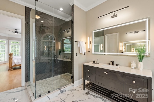 ensuite bathroom with ceiling fan, a shower stall, marble finish floor, connected bathroom, and ornamental molding