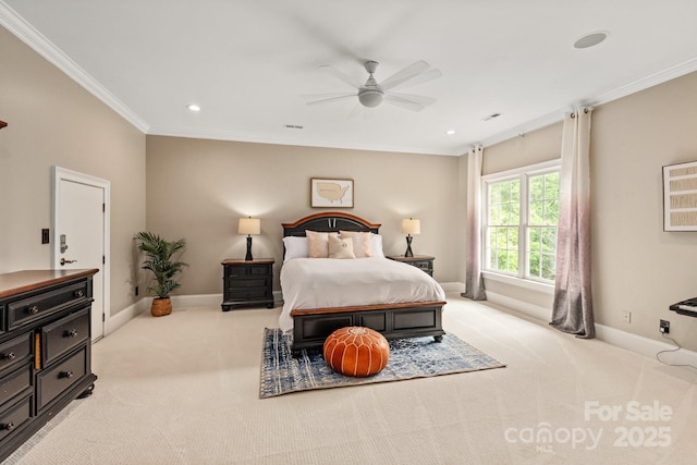 carpeted bedroom with a ceiling fan, visible vents, crown molding, baseboards, and recessed lighting