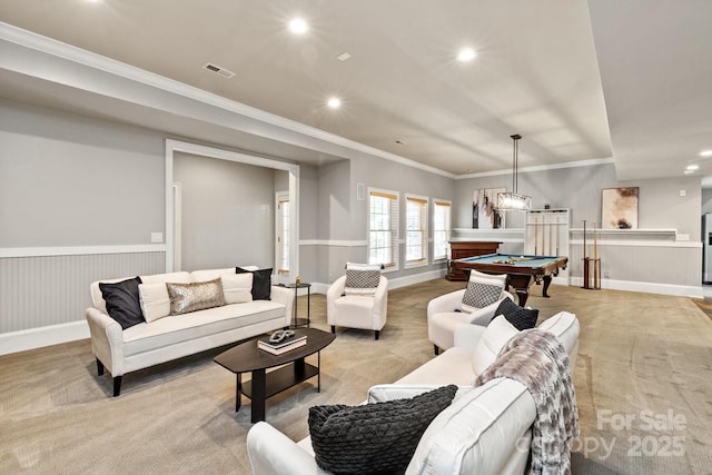 living area with visible vents, ornamental molding, light carpet, recessed lighting, and pool table