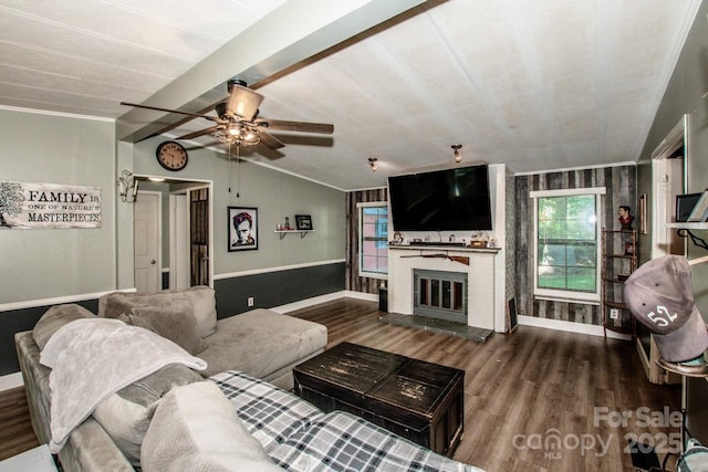 7733 Skyline Dr, Sherrills Ford, NC 28673 - living area featuring wood finished floors, a ceiling fan, a fireplace, ornamental molding, and baseboards