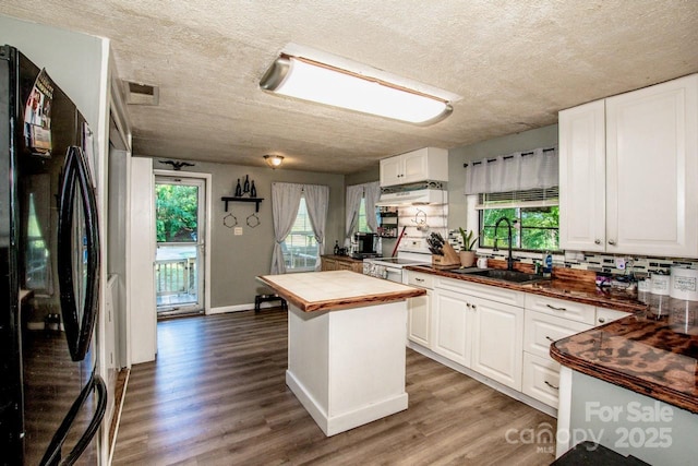 7733 Skyline Dr, Sherrills Ford, NC 28673 - kitchen featuring freestanding refrigerator, a sink, under cabinet range hood, wood finished floors, and a textured ceiling