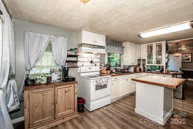 7733 Skyline Dr, Sherrills Ford, NC 28673 - kitchen with white electric stove, under cabinet range hood, wood finished floors, a textured ceiling, and white cabinetry