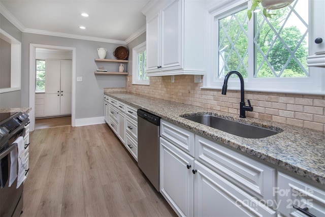 1514 Wensley Dr, Charlotte, NC 28210 - kitchen featuring a sink, stainless steel dishwasher, electric range, open shelves, and white cabinetry