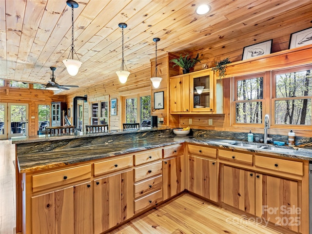 kitchen featuring wood ceiling, light wood-type flooring, a sink, wood walls, and a peninsula