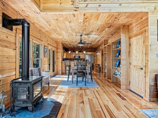 dining area with wood ceiling, a wood stove, light wood-style floors, ceiling fan, and wood walls