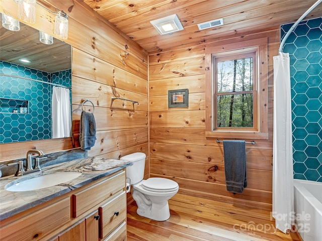 full bath with wooden ceiling, vanity, toilet, and wood finished floors