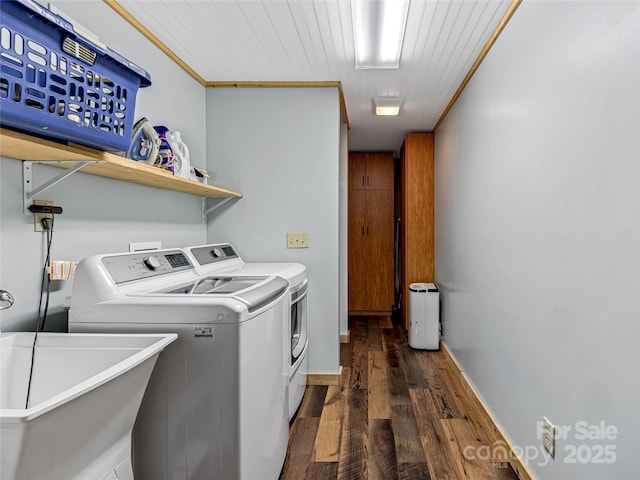 washroom with washer and dryer, wood finished floors, and wooden ceiling
