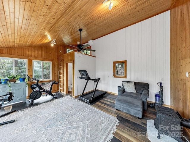 exercise area featuring lofted ceiling, hardwood / wood-style flooring, wooden ceiling, a ceiling fan, and wooden walls