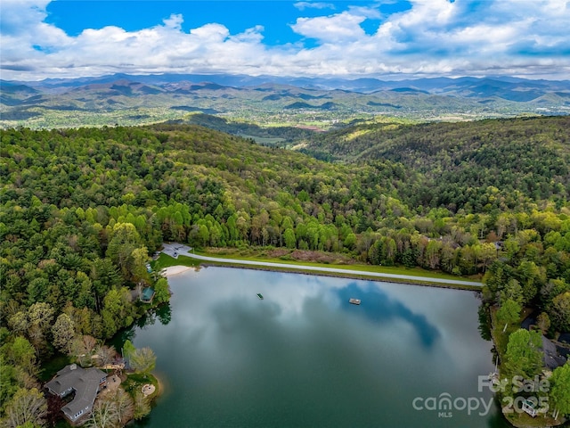 bird's eye view of a heavily wooded area and a water and mountain view