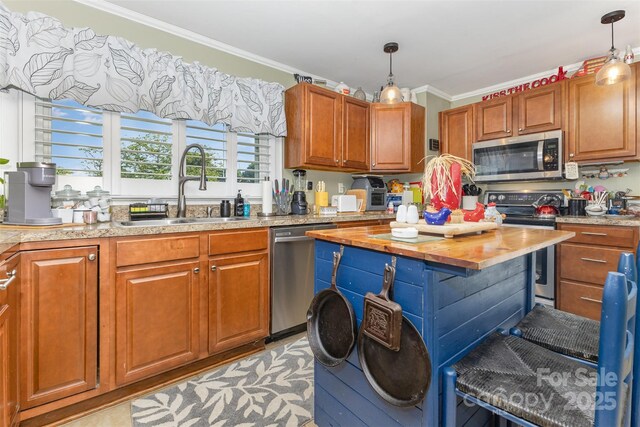 kitchen with appliances with stainless steel finishes, a sink, ornamental molding, wood counters, and pendant lighting