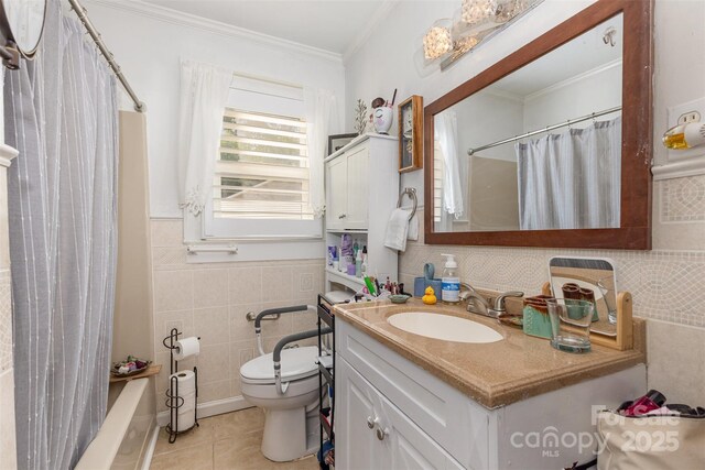 bathroom featuring tile walls, tile patterned floors, vanity, ornamental molding, and toilet
