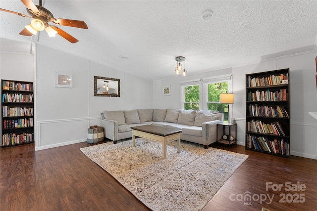 9 Ruby Dr, Hendersonville, NC 28792 - living room featuring a textured ceiling, ceiling fan, lofted ceiling, and dark wood-style floors