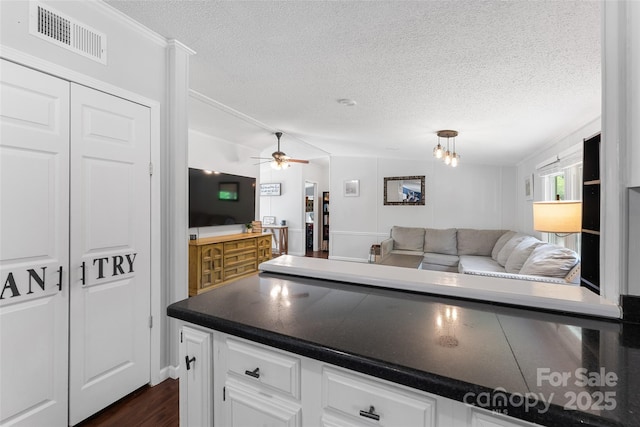 9 Ruby Dr, Hendersonville, NC 28792 - kitchen featuring a textured ceiling, visible vents, dark countertops, white cabinets, and open floor plan