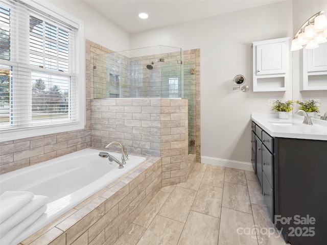 44 Chip Shot Ct, Mills River, NC 28759 - full bath featuring a bath, a stall shower, vanity, tile patterned floors, and recessed lighting