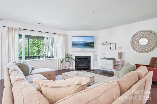 16427 Cozy Cove Rd, Charlotte, NC 28278 - living area with wood finished floors, a glass covered fireplace, and baseboards