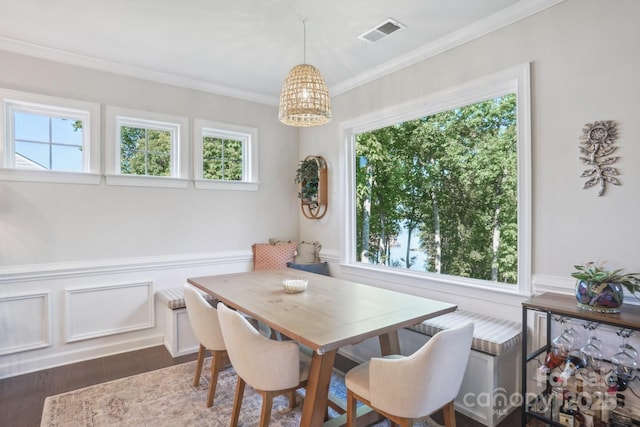 16427 Cozy Cove Rd, Charlotte, NC 28278 - dining room with plenty of natural light, a chandelier, crown molding, wainscoting, and dark wood finished floors