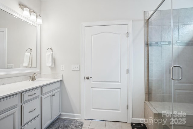 16427 Cozy Cove Rd, Charlotte, NC 28278 - bathroom featuring tile patterned flooring, vanity, a shower stall, and baseboards