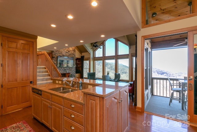 kitchen featuring a sink, ceiling fan, dark wood-style floors, light stone countertops, and a center island with sink