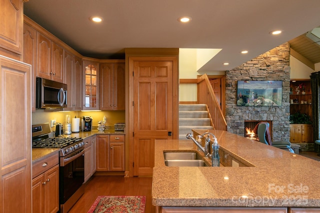 kitchen featuring stainless steel appliances, a sink, dark wood-style flooring, recessed lighting, and a stone fireplace