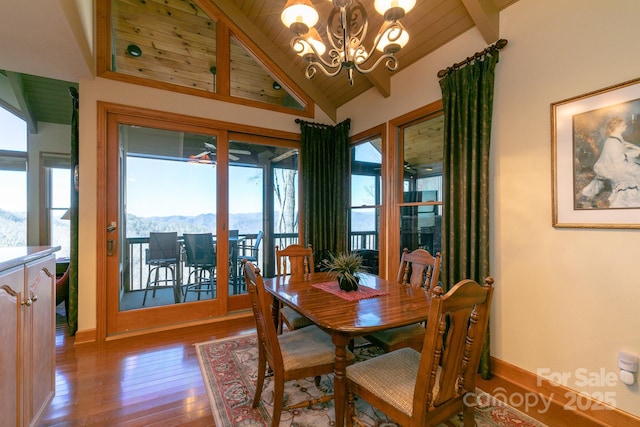 dining space with hardwood / wood-style floors, a chandelier, wood ceiling, a mountain view, and baseboards