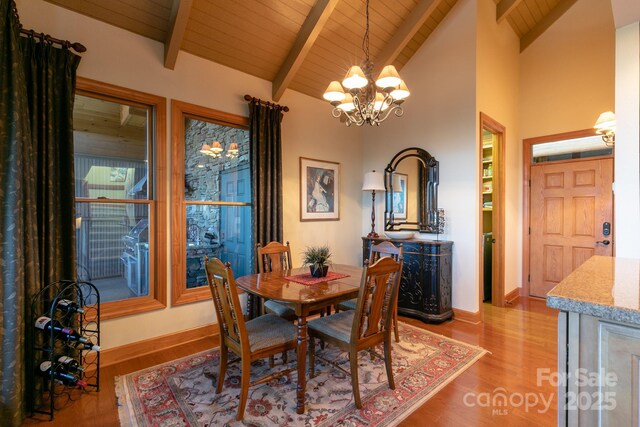 dining room featuring a chandelier, wooden ceiling, beam ceiling, light wood-style flooring, and baseboards