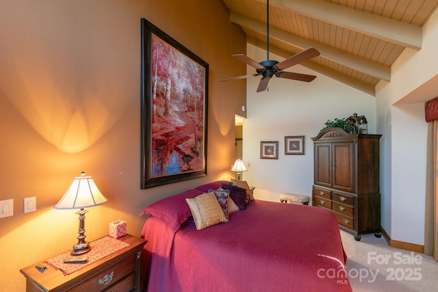 bedroom with light colored carpet and wood ceiling