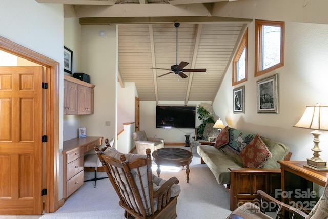 living room featuring light colored carpet, a ceiling fan, wooden ceiling, and an office area