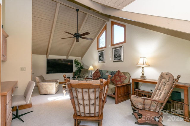 living room with beam ceiling, light colored carpet, ceiling fan, wooden ceiling, and high vaulted ceiling