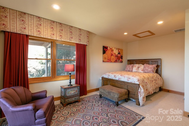 bedroom featuring recessed lighting, baseboards, and carpet