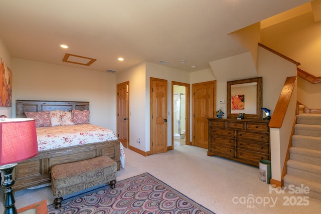 carpeted bedroom with attic access, baseboards, and recessed lighting