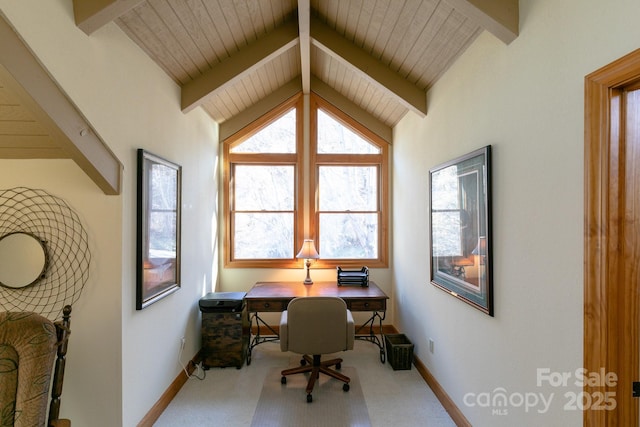 office space featuring carpet, baseboards, and wood ceiling