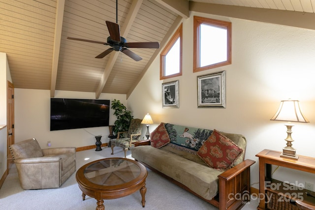 carpeted living area featuring wood ceiling and a ceiling fan