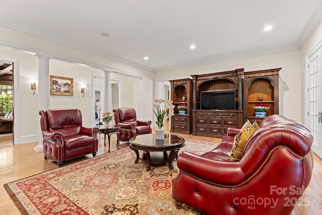 3314 Leamington Ln, Charlotte, NC 28226 - living area featuring ornate columns, wood finished floors, recessed lighting, baseboards, and ornamental molding