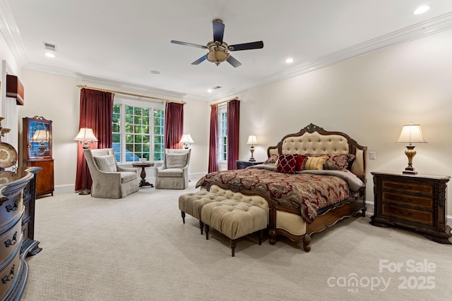 3314 Leamington Ln, Charlotte, NC 28226 - carpeted bedroom featuring baseboards, ornamental molding, recessed lighting, and a ceiling fan
