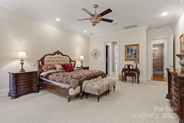 3314 Leamington Ln, Charlotte, NC 28226 - carpeted bedroom featuring crown molding, recessed lighting, ceiling fan, and baseboards