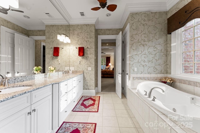3314 Leamington Ln, Charlotte, NC 28226 - full bathroom with ceiling fan, ornamental molding, wallpapered walls, a tub with jets, and double vanity