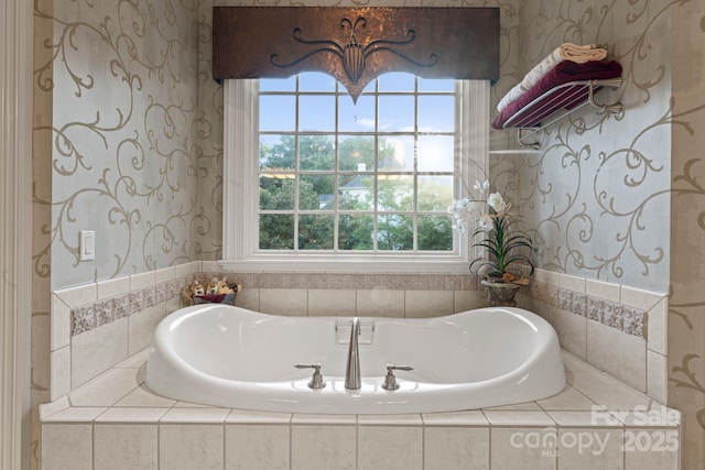 3314 Leamington Ln, Charlotte, NC 28226 - bathroom with wallpapered walls, a garden tub, and plenty of natural light