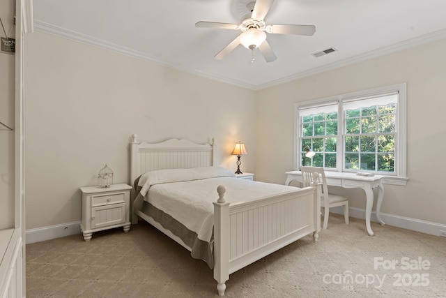 3314 Leamington Ln, Charlotte, NC 28226 - bedroom featuring light carpet, ornamental molding, baseboards, and a ceiling fan