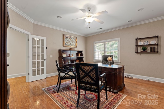 3314 Leamington Ln, Charlotte, NC 28226 - home office with light wood-style floors, crown molding, a ceiling fan, baseboards, and french doors