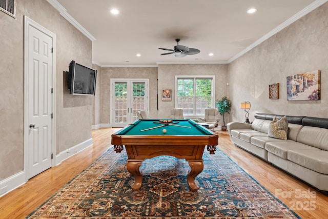 3314 Leamington Ln, Charlotte, NC 28226 - rec room featuring ceiling fan, light wood finished floors, recessed lighting, ornamental molding, and pool table