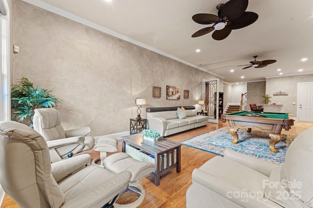 3314 Leamington Ln, Charlotte, NC 28226 - living area featuring recessed lighting, a ceiling fan, stairs, light wood-style floors, and billiards