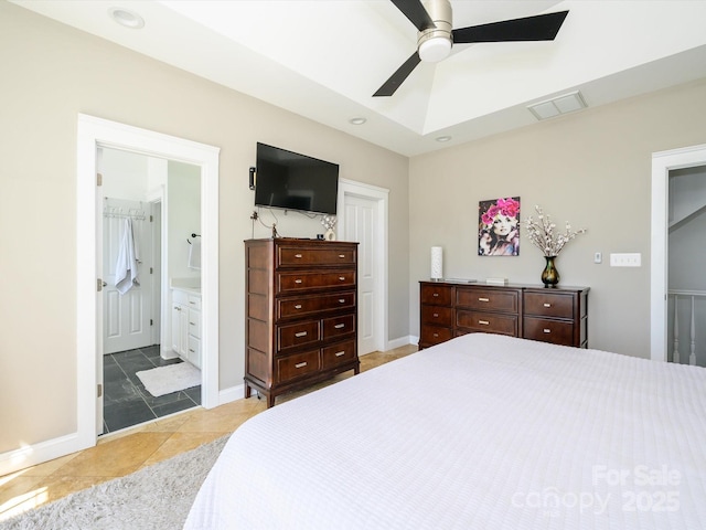 tiled bedroom featuring ensuite bath, visible vents, recessed lighting, a ceiling fan, and baseboards