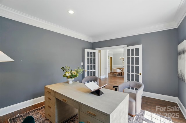 home office with recessed lighting, baseboards, ornamental molding, and wood finished floors