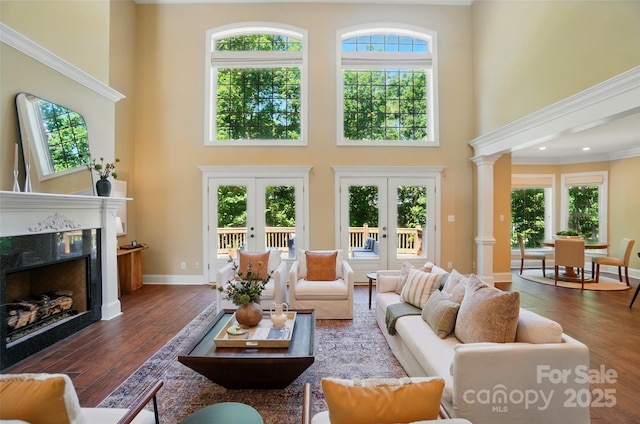 living room featuring french doors, a high ceiling, a wealth of natural light, and wood finished floors
