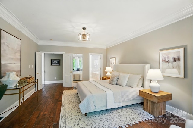 bedroom with baseboards, ornamental molding, and hardwood / wood-style flooring