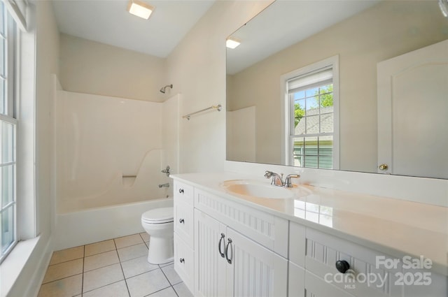 full bathroom featuring vanity, tile patterned flooring, toilet, and bathing tub / shower combination